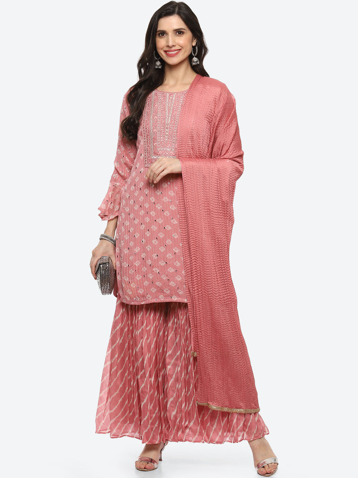 Resham Mirror Booti Crepe Kurta With Garara &amp; Silk Dupatta