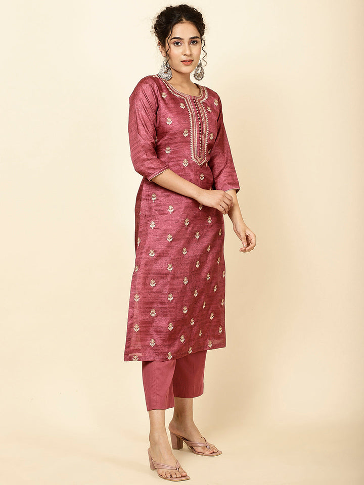 Embroidered Tussar Kurta With Pants &amp; Dupatta