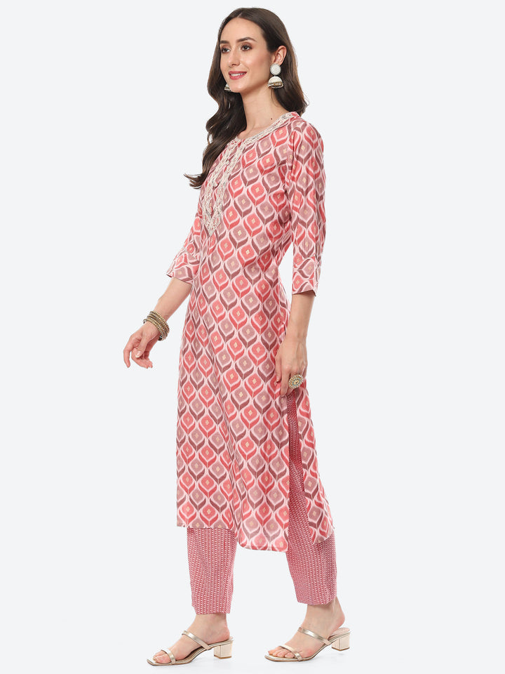 Printed Neck Embroidered Patti Chanderi Kurta With Pant
