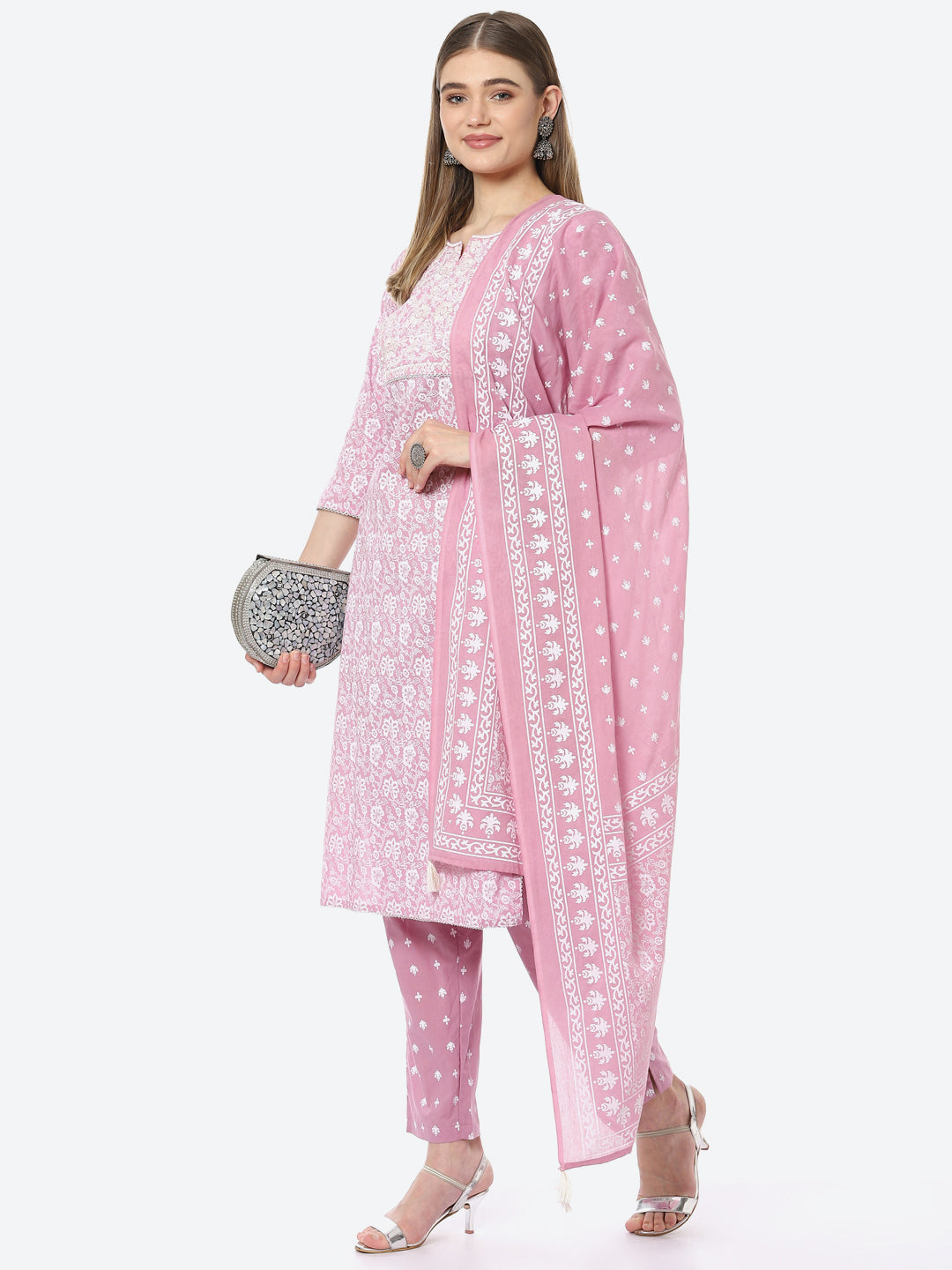 Resham Neck Booti Printed Cotton Kurta With Pant &amp; Cotton Dupatta