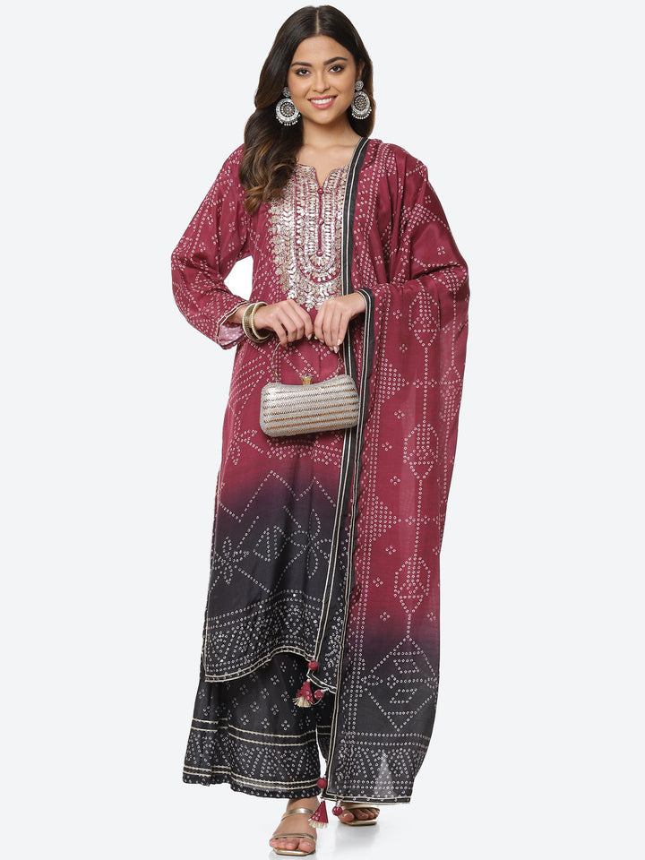 Printed Gota Neck Cotton Kurta With Palazzo &amp; Dupatta