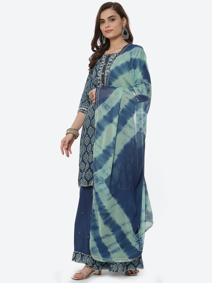 Printed Cotton Kurta With Garara &amp; Chiffon Dupatta