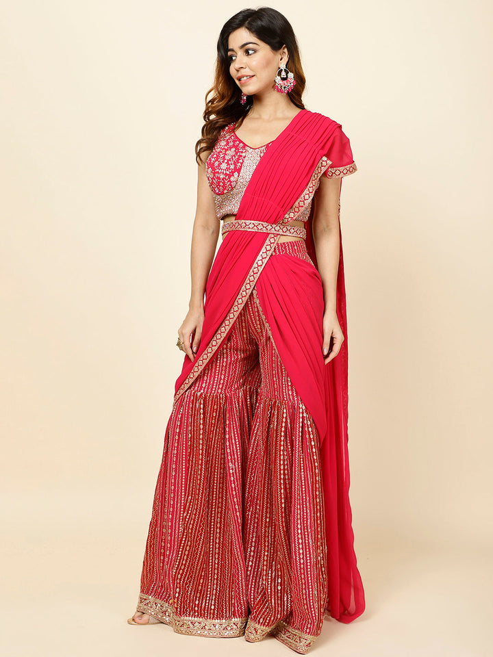 Zari Embroidered Crepe Crop Top With Dupatta &amp; Sharara