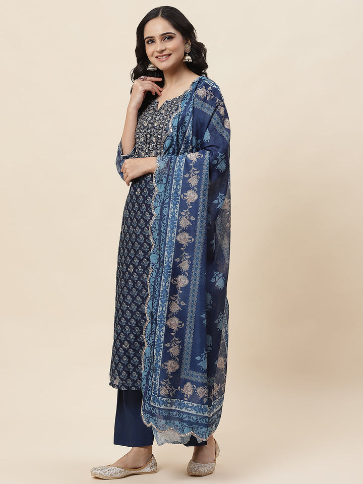 Floral Printed Chanderi Kurta With Pants &amp; Dupatta