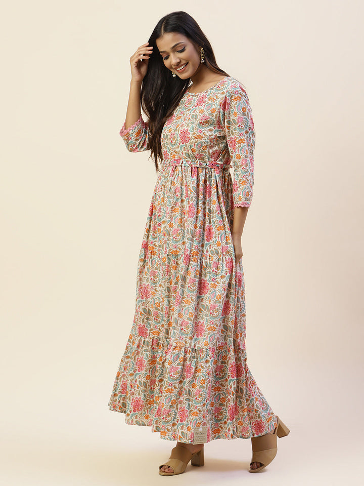 Printed &amp; Yoke Embroidered Cotton Kurta