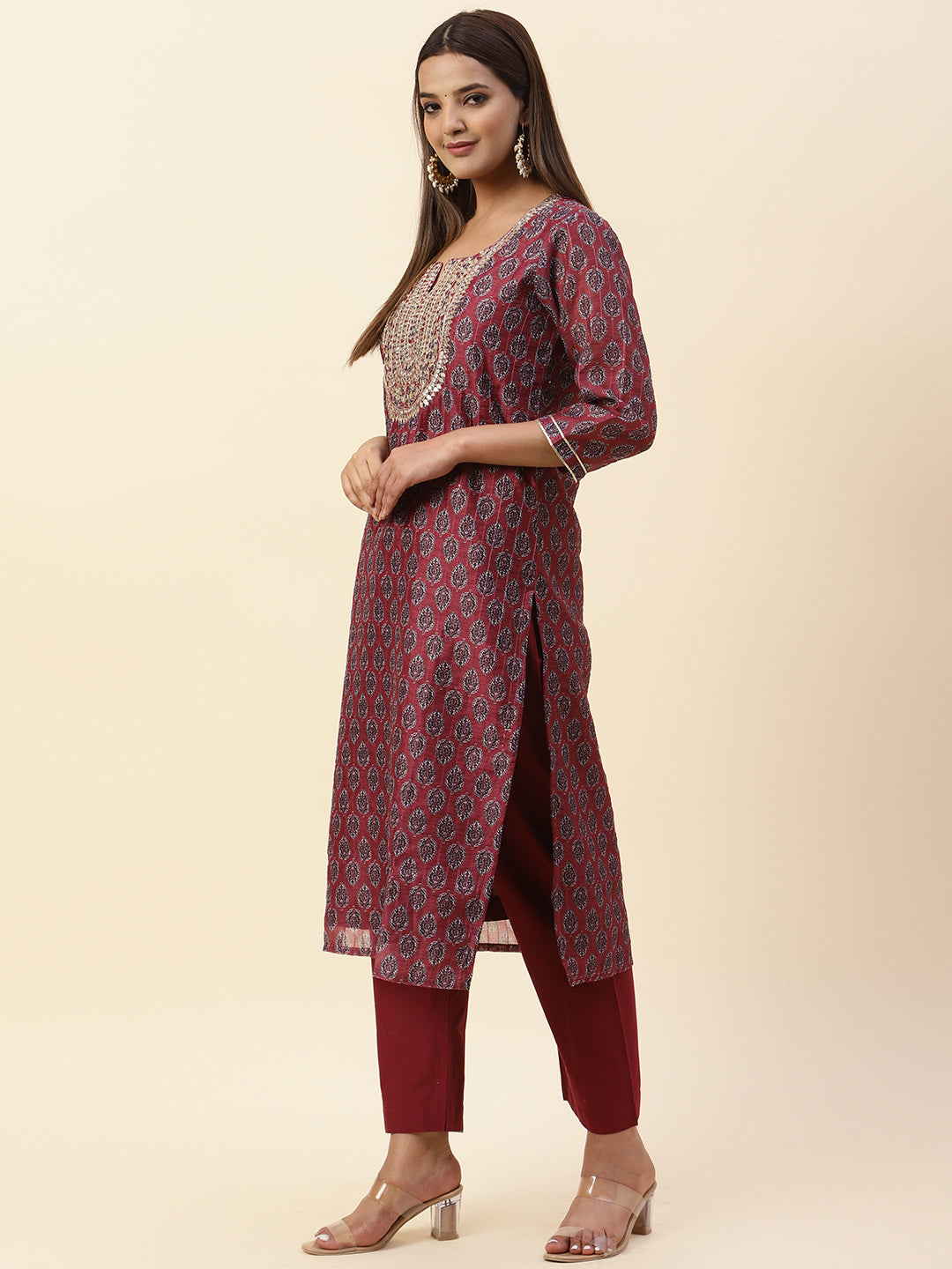 Printed &amp; Neck Embroidered Chanderi Kurta With Pants