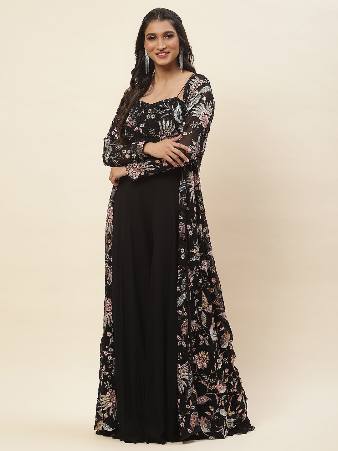 Sequence Embroidered Georgette Crop Top With Palazzo &amp; Jacket