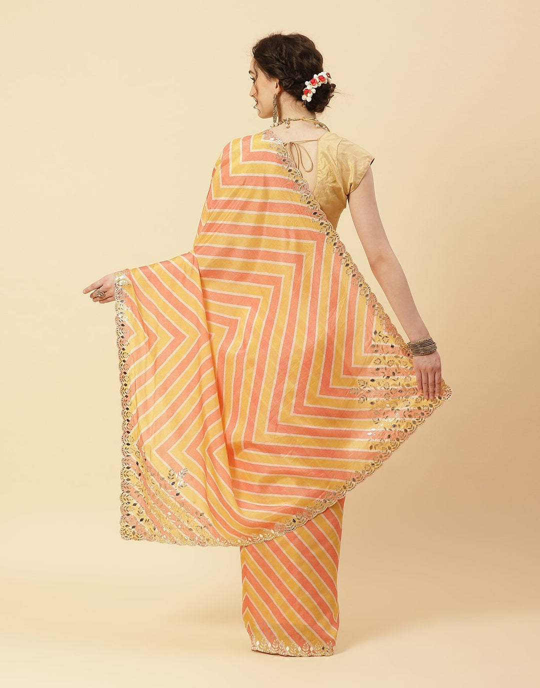 Printed Satin Saree With Gota Work
