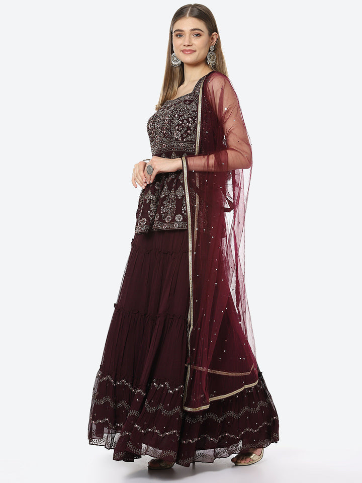 Resham Embroidered Georgette Choli With Lehenga &amp; Net Dupatta