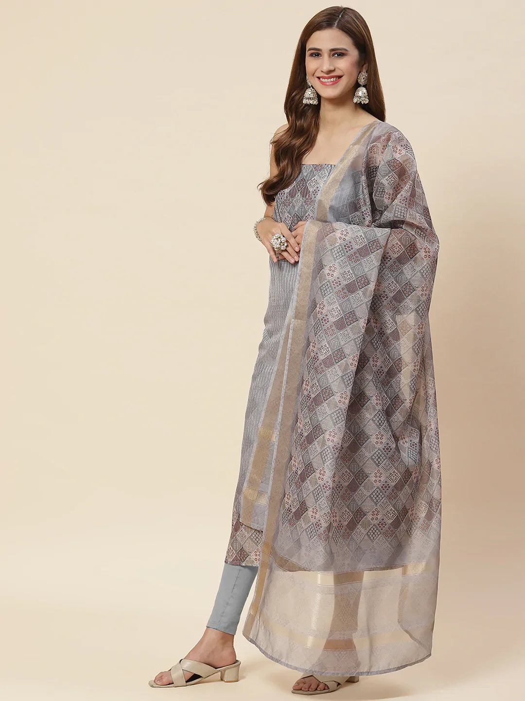Neck Embroidered Chanderi Unstitched Suit Piece With Dupatta