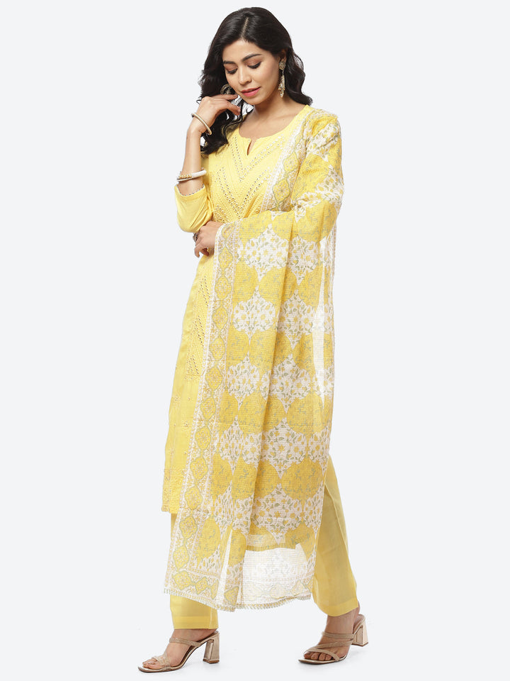 Resham Mirror Cotton Stitched Salwar Kameez With Printed Cotton Dupatta