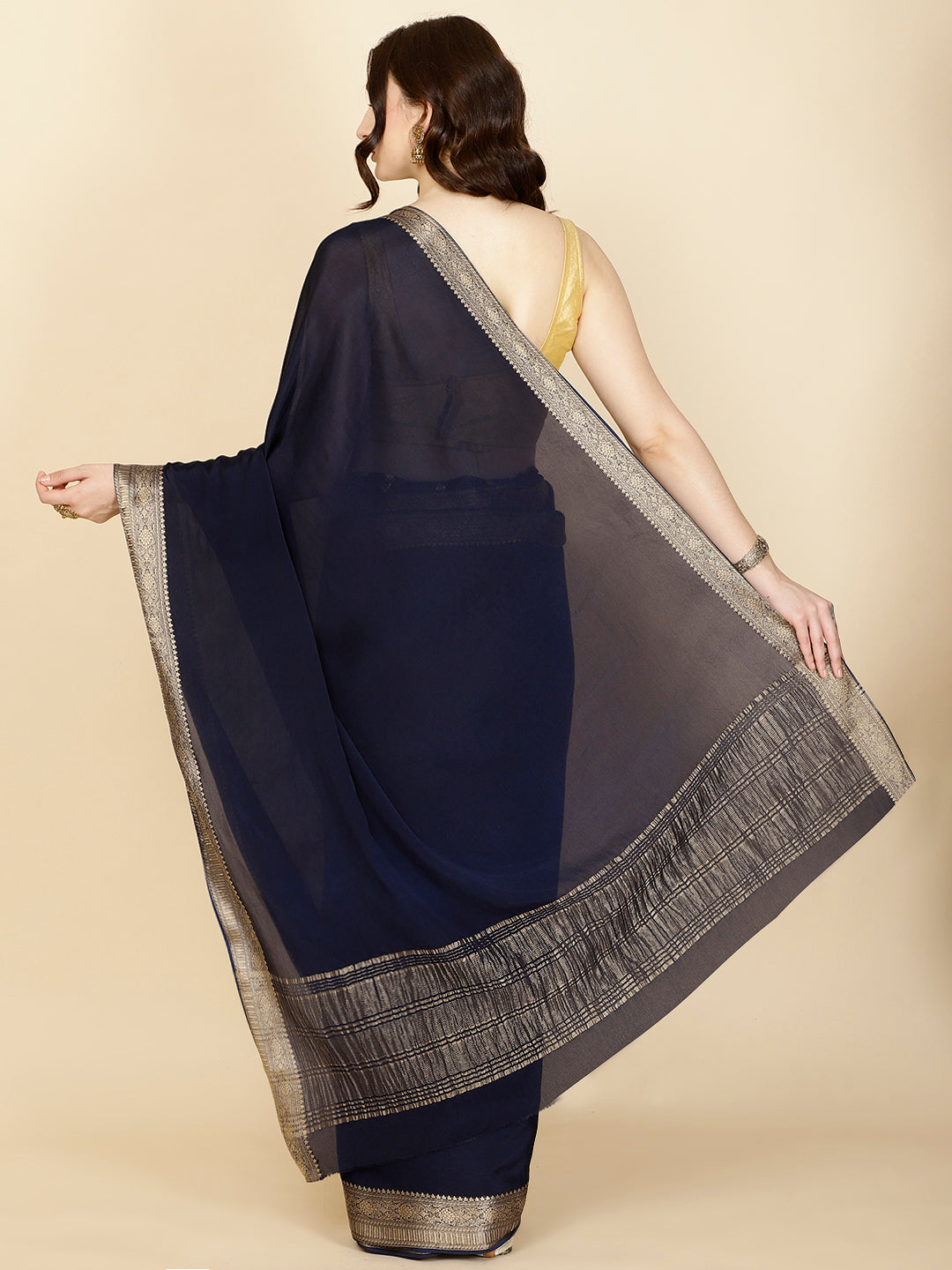 Plain Zari Border Crepe Saree
