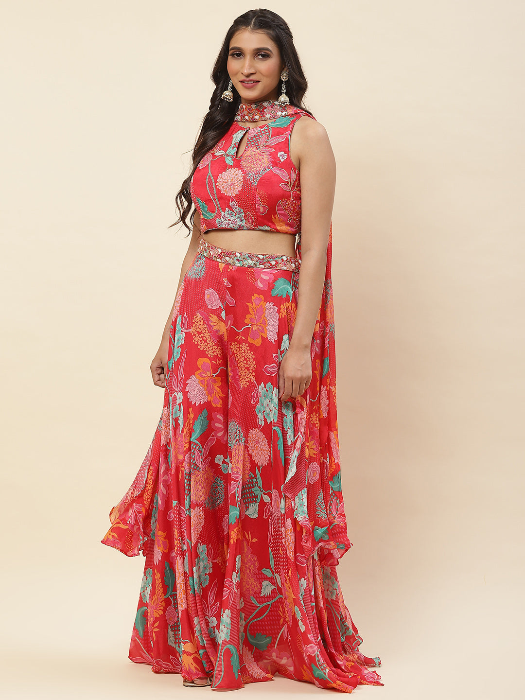 Floral Printed Crepe Crop Top With Palazzo &amp; Dupatta
