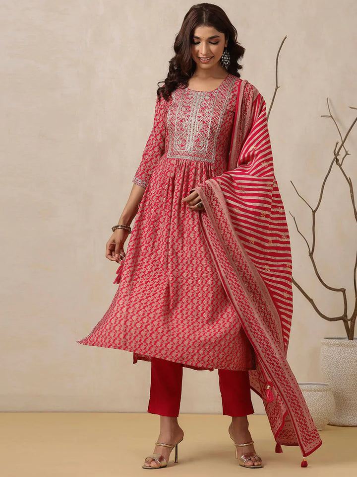 Neck Embroidered Muslin Kurta With Pants &amp; Dupatta