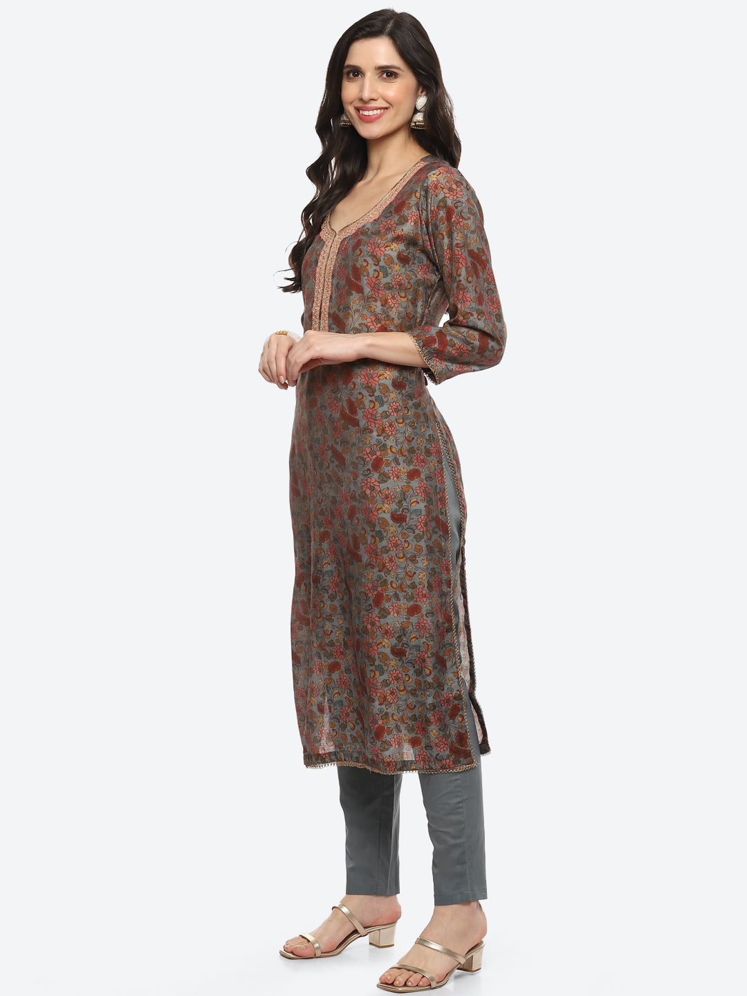 Sequin Yoke Printed Muslin Kurta With Pant