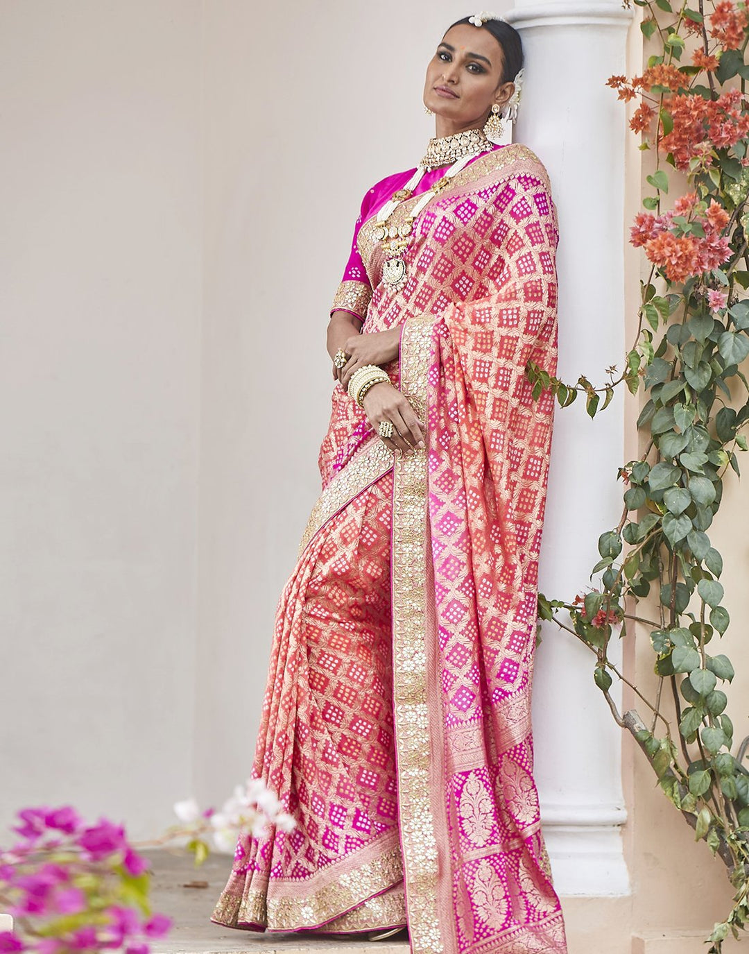 Rani Peach Banarasi Saree