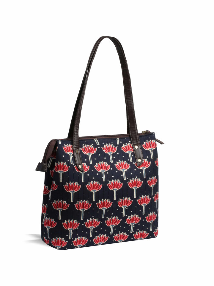 Navy Blue Printed Cotton Handbag With Pouch