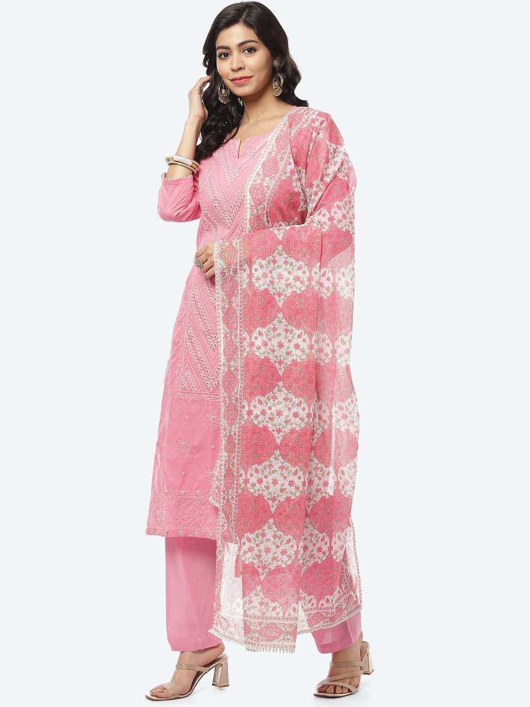 Resham Mirror Cotton Stitched Salwar Kameez With Printed Cotton Dupatta