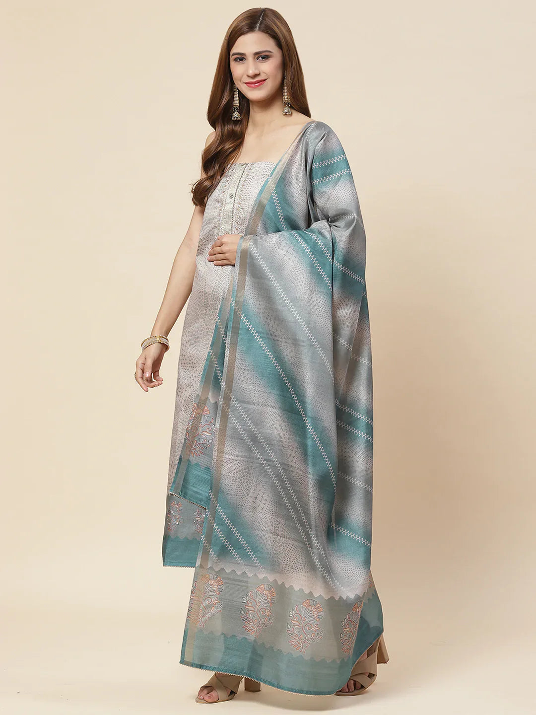 Neck Embroidered Art Tussar Unstitched Suit Piece With Dupatta