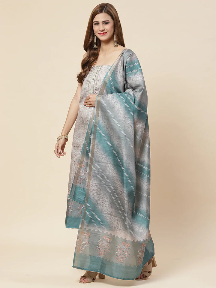 Neck Embroidered Art Tussar Unstitched Suit Piece With Dupatta