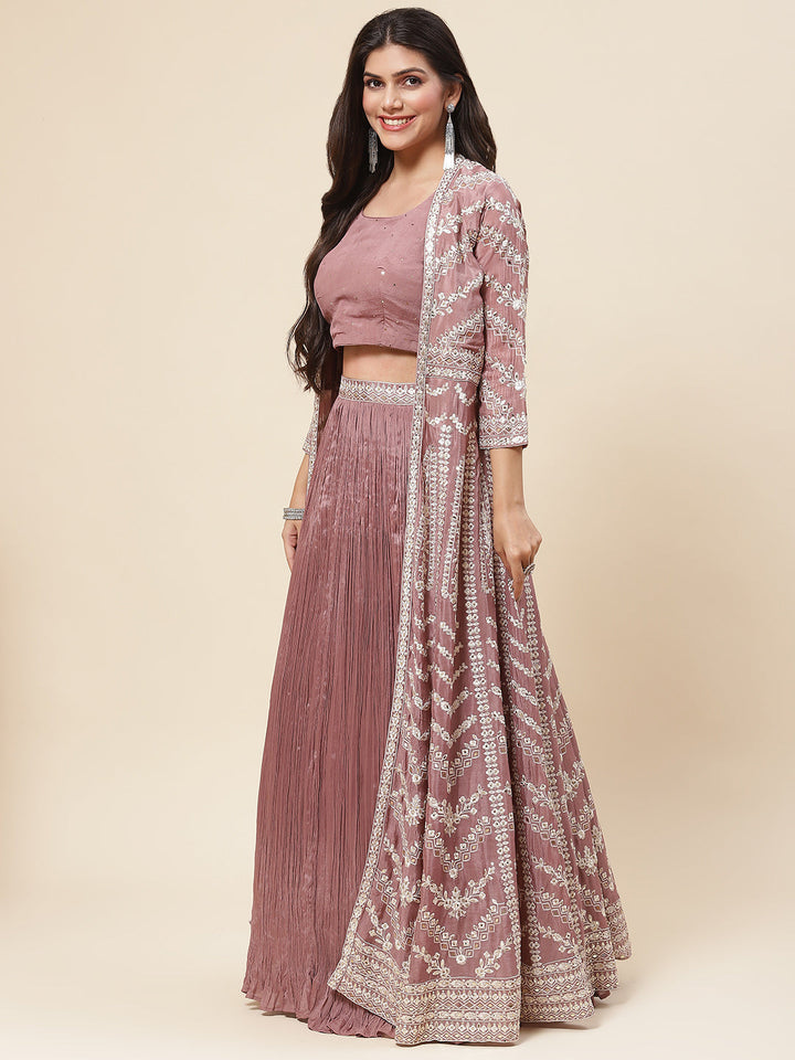Resham Embroidered Crepe Choli With Lehenga &amp; Jacket
