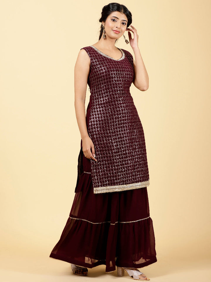 Sequin Embroidered Georgette Kurta With Garara &amp; Dupatta