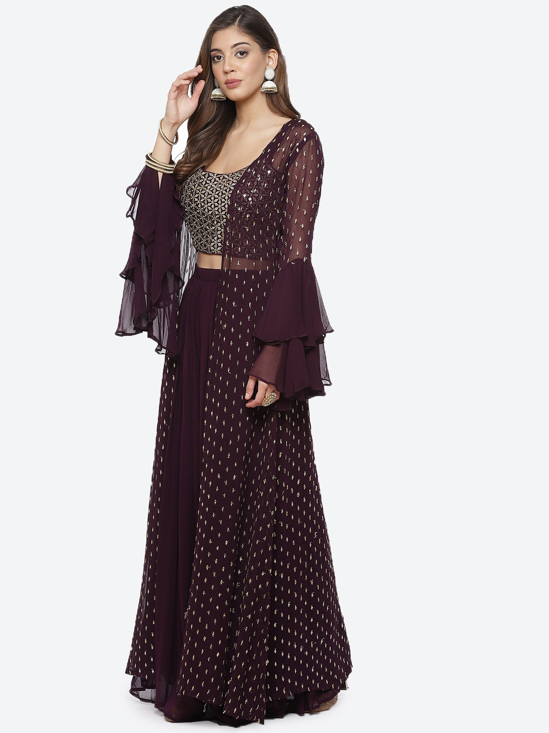 Mirror Work Georgette Crop Top With Palazzo &amp; Jacket
