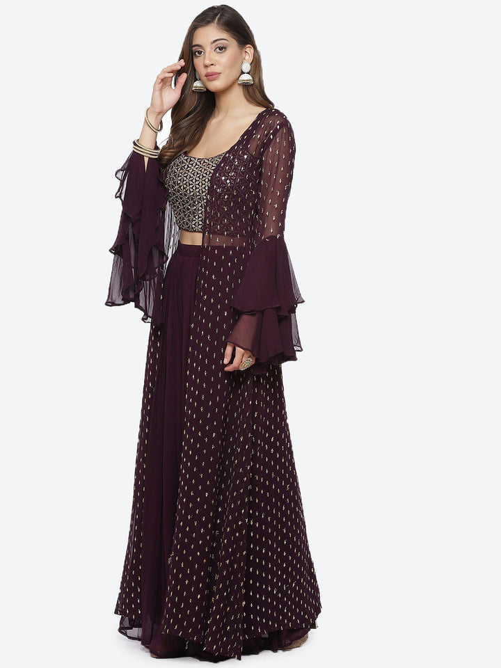 Mirror Work Georgette Crop Top With Palazzo &amp; Jacket