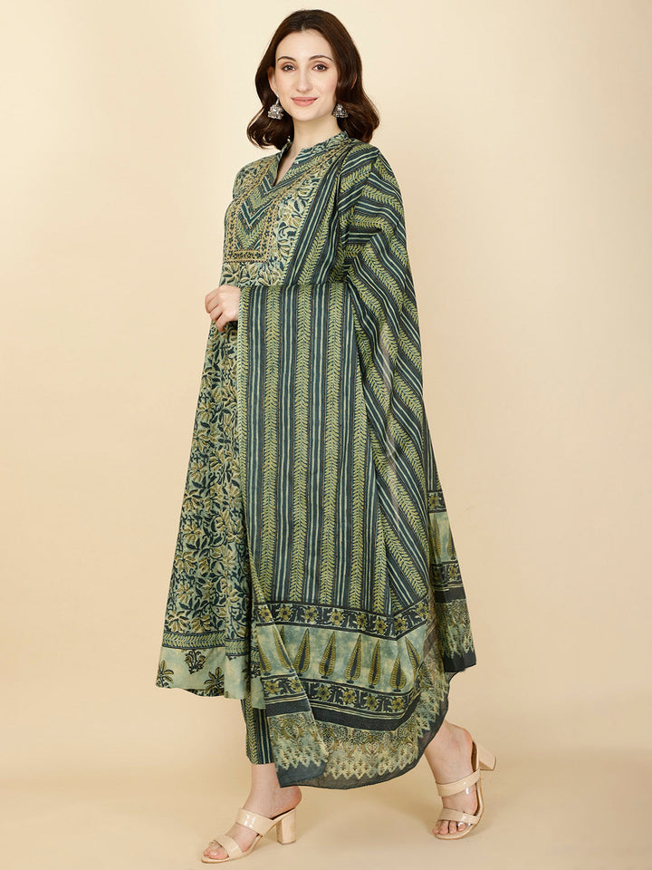 Floral Printed Cotton Anarkali Kurta With Pants &amp; Dupatta