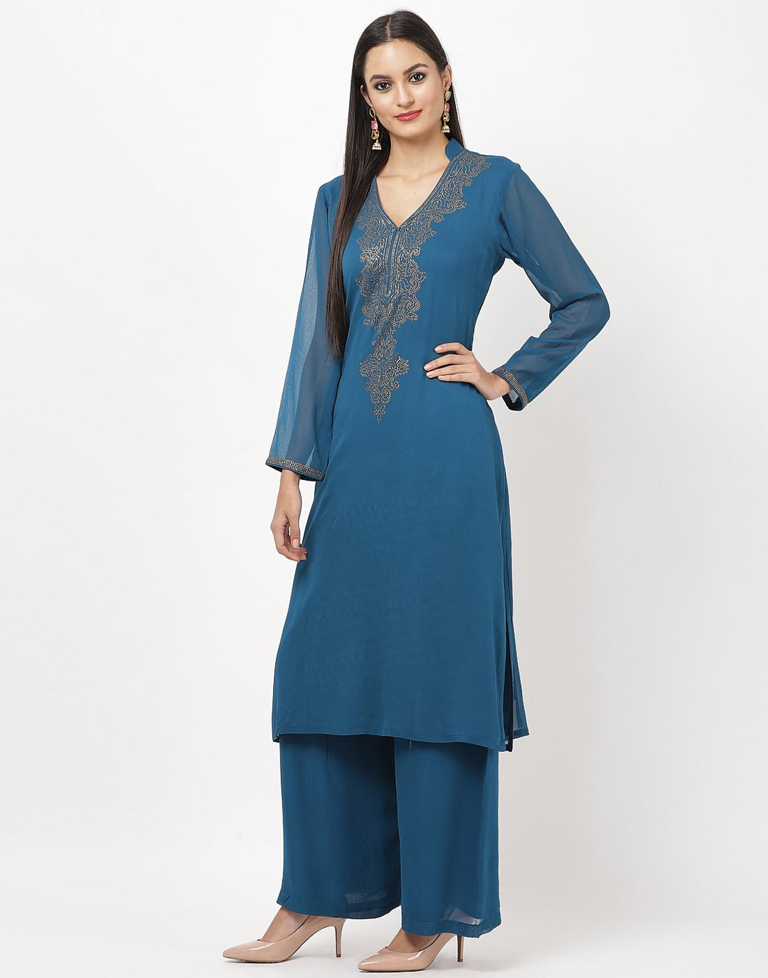 MBZ Meena Bazaar-Teal Blue Georgette Kurti with Palazzo