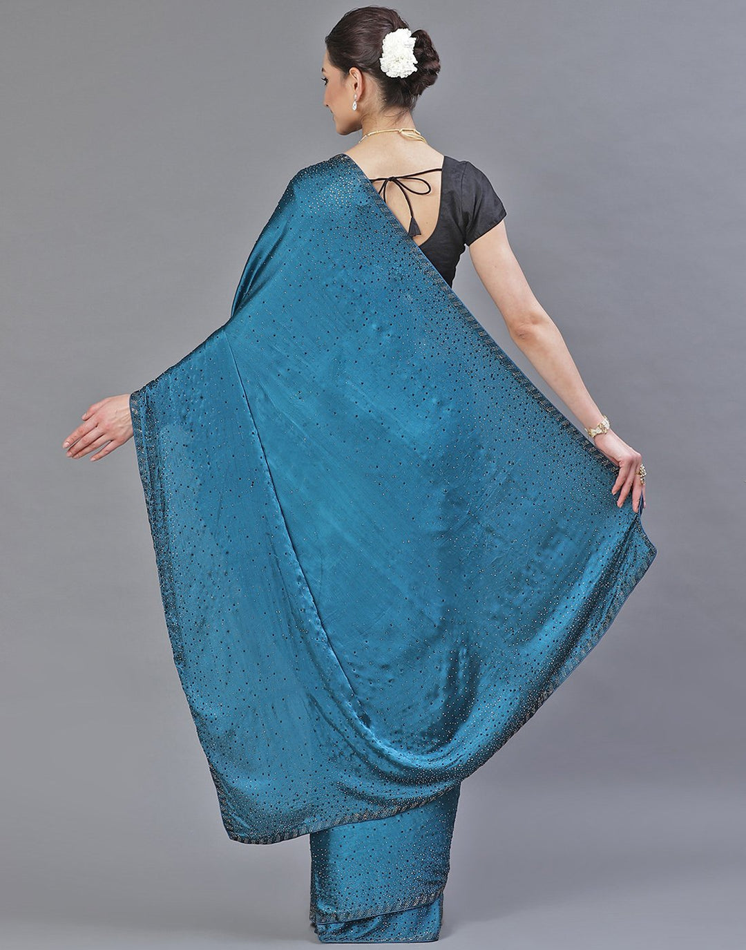 Crepe Embroidery Teal Blue Saree