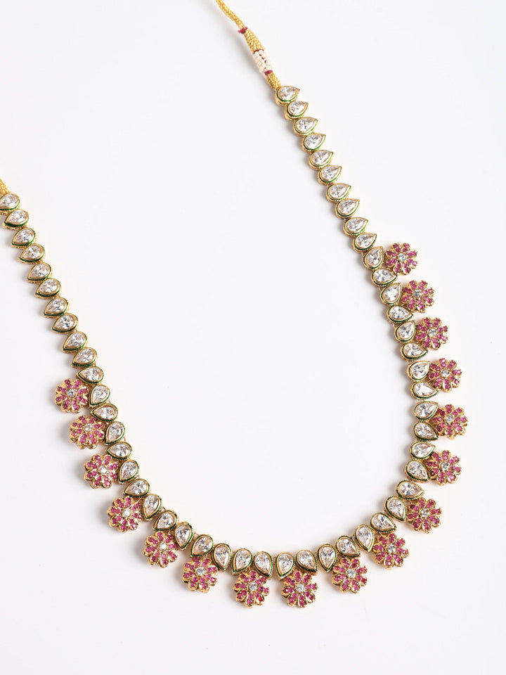 Golden &amp; Maroon Kundan Necklace Set With Earrings