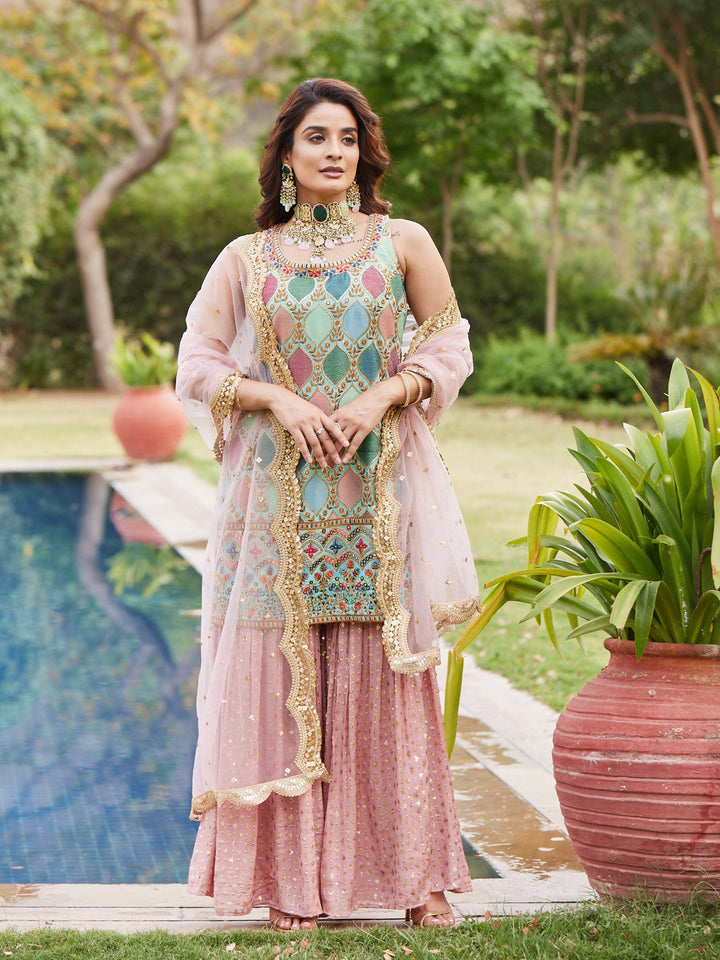 Resham Ghera Embroidered Georgette Kurti With Garara &amp; Dupatta