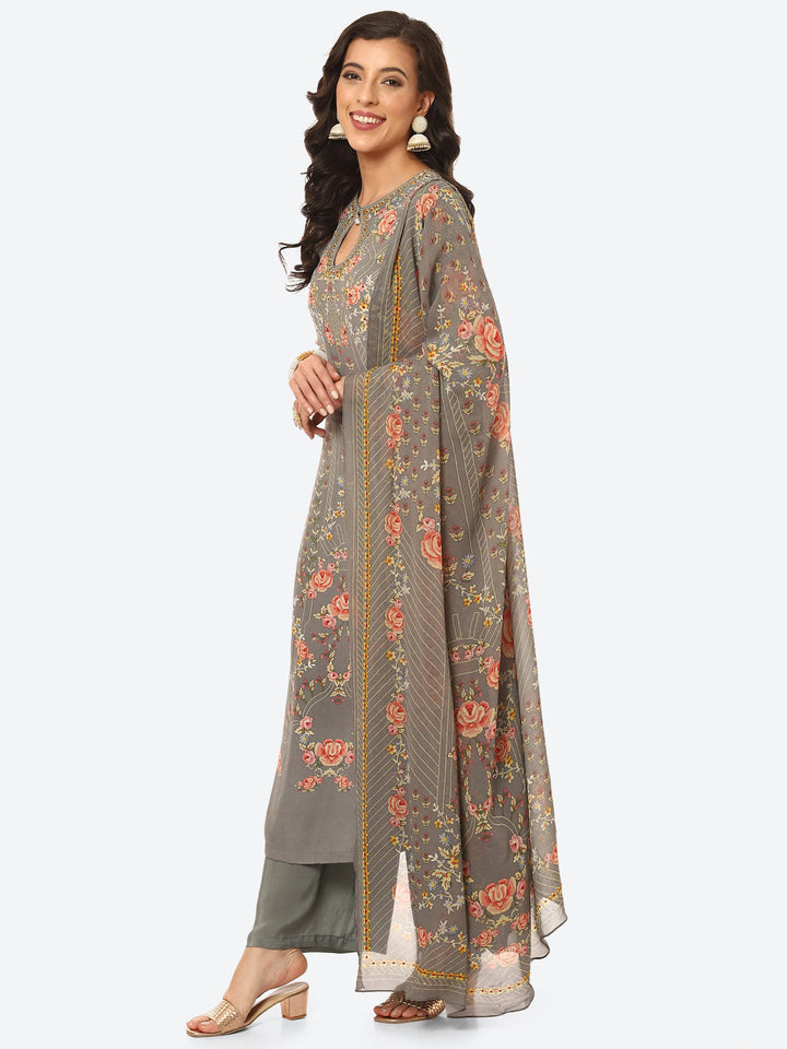Digital Printed Crepe Kurta With Palazzo &amp; Georgette Dupatta