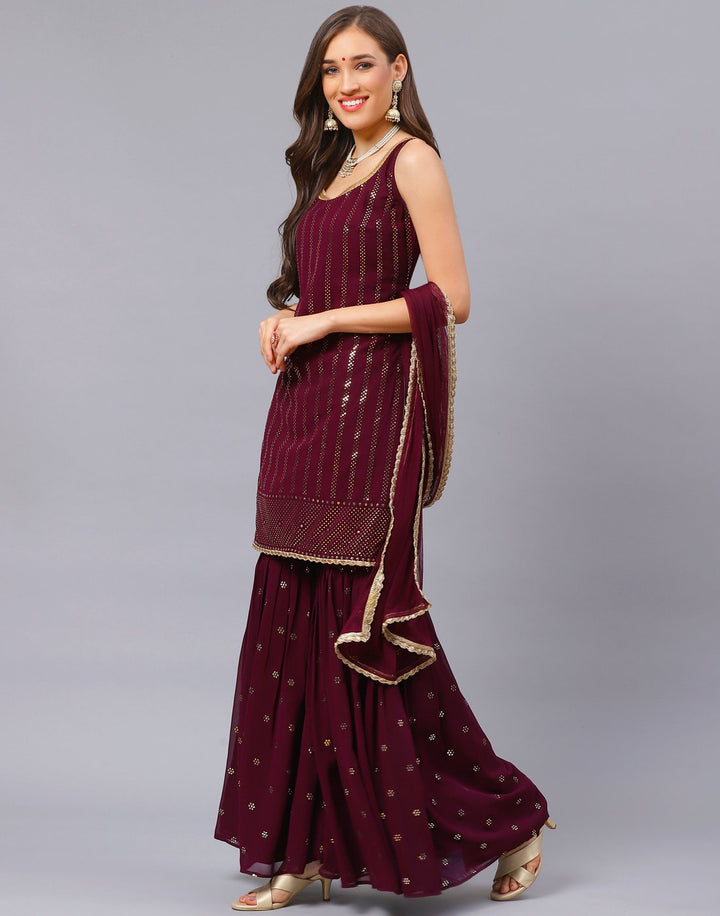 Wine Georgette Salwar Kameez Stitched Suit