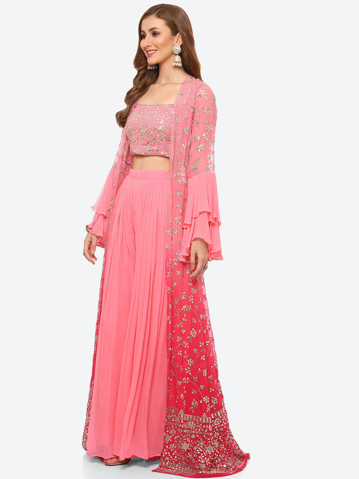 Zari Embroidered Booti Georgette Crop Top With Sharara &amp; Jacket