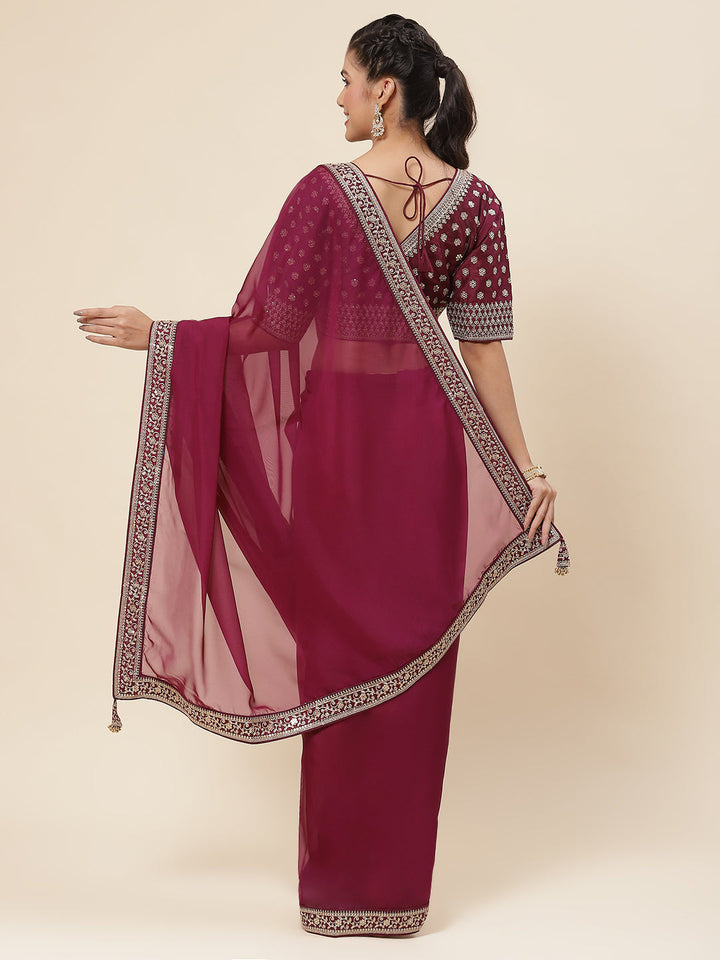 Plain &amp; Embroidered Border Organza Saree