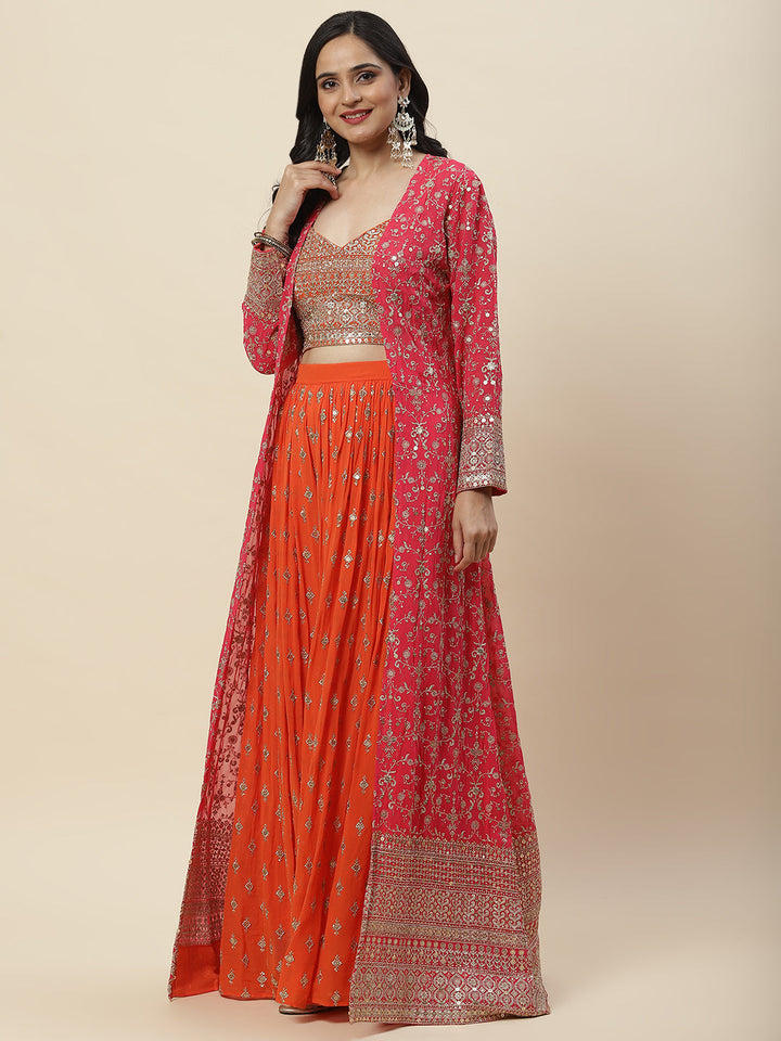 Zari Sequin Embroidered Georgette Crop Top With Palazzo &amp; Jacket