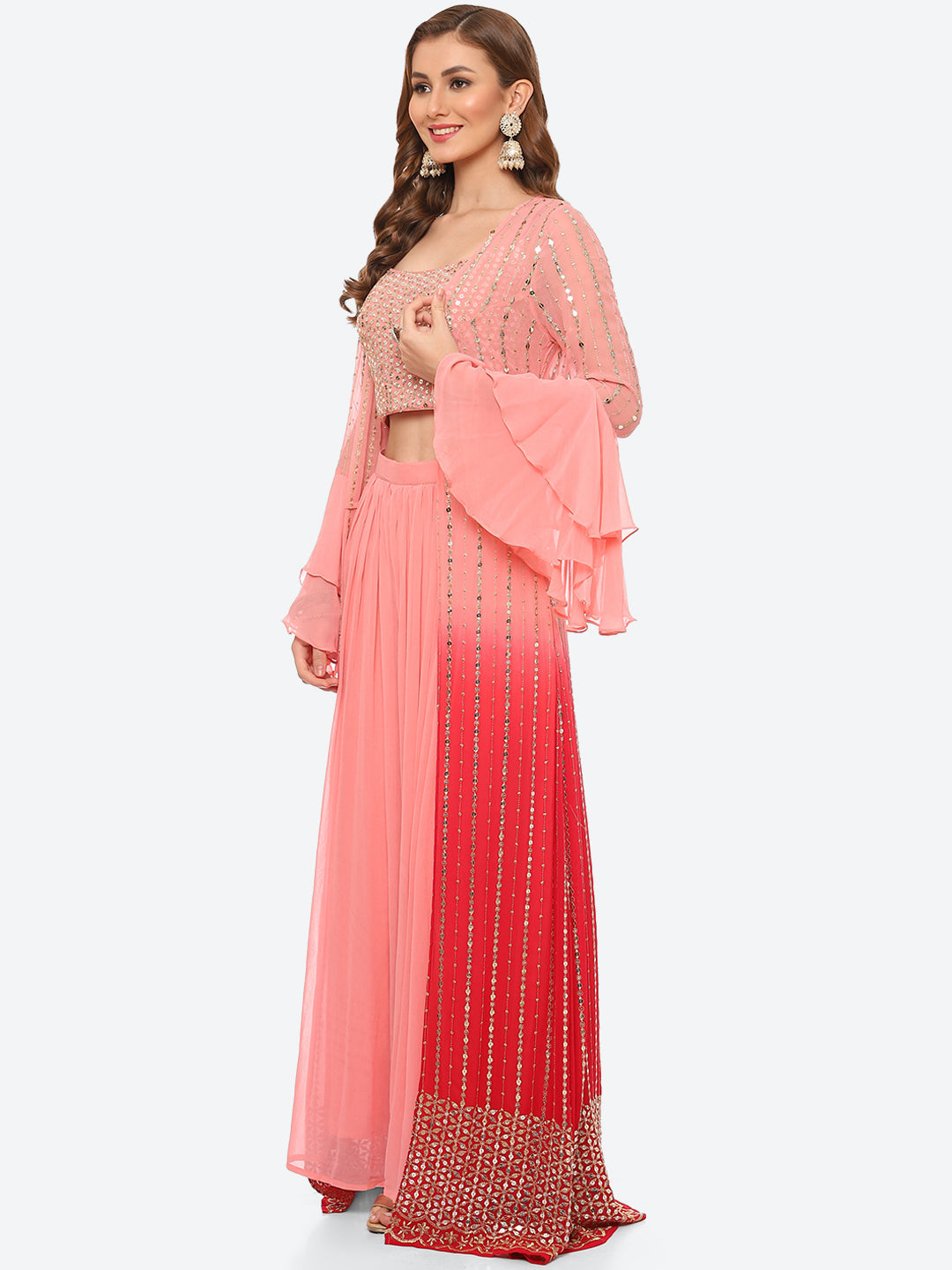Zari Embroidered Georgette Crop Top With Palazzo &amp; Jacket