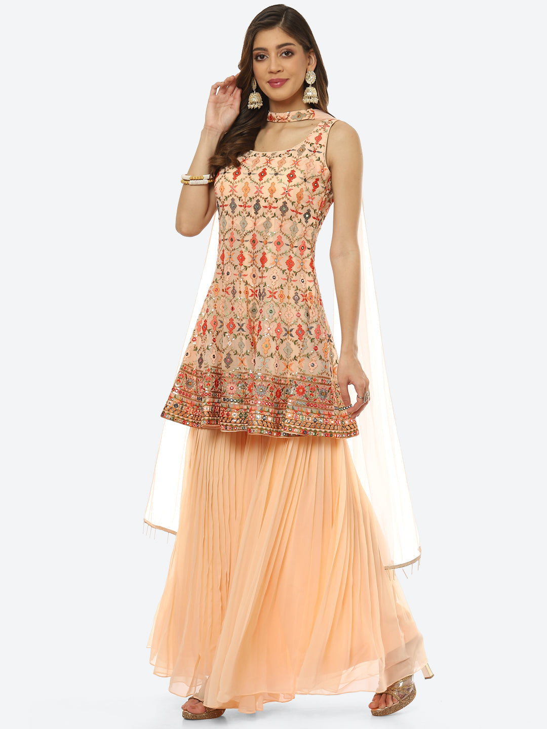 Resham Sequin Embroidered Georgette kurti With Garara &amp; Dupatta