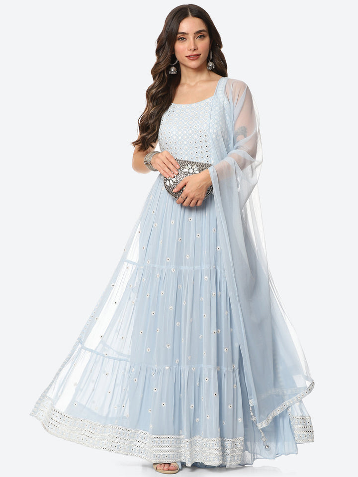 Resham Mirror Georgette Kurta With Palazzo &amp; Net Dupatta