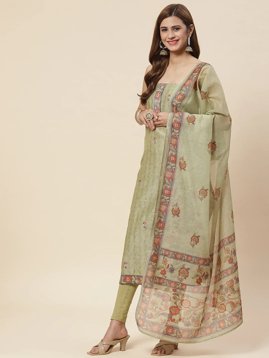 Printed Chanderi Unstitched Suit Piece With Dupatta