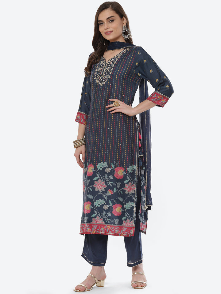 Mirror Work &amp; Printed Muslin Kurta With Pant &amp; Chiffon Dupatta