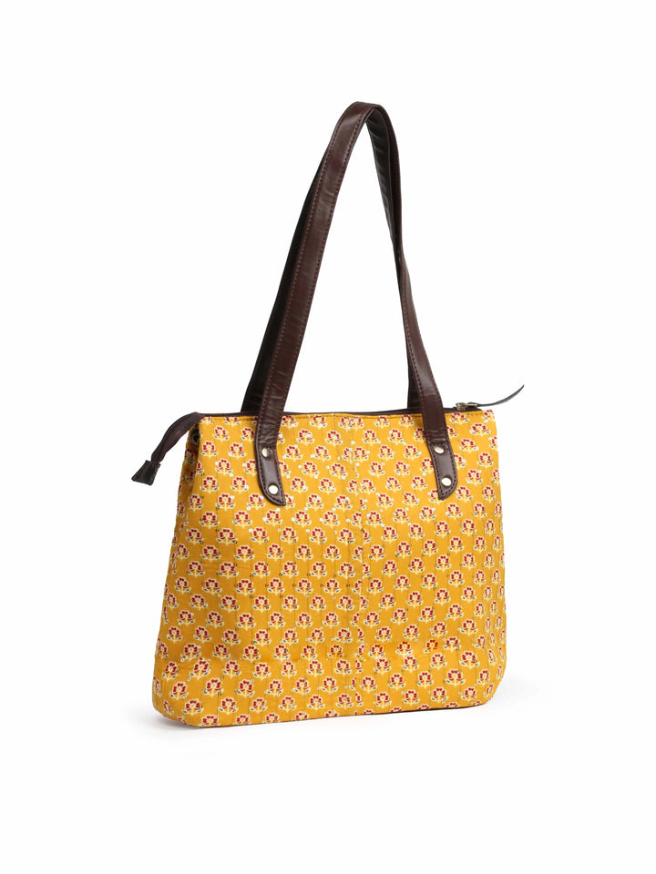 Mustard &amp; Maroon Printed Cotton Handbag With Pouch
