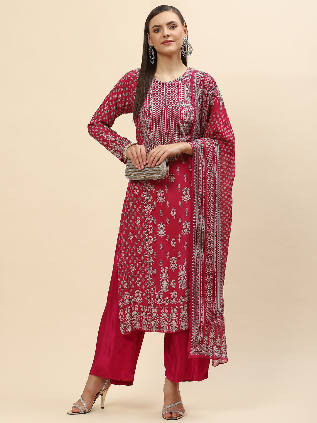 Floral Digital Printed Crepe Kurta With Palazzo &amp; Net Dupatta