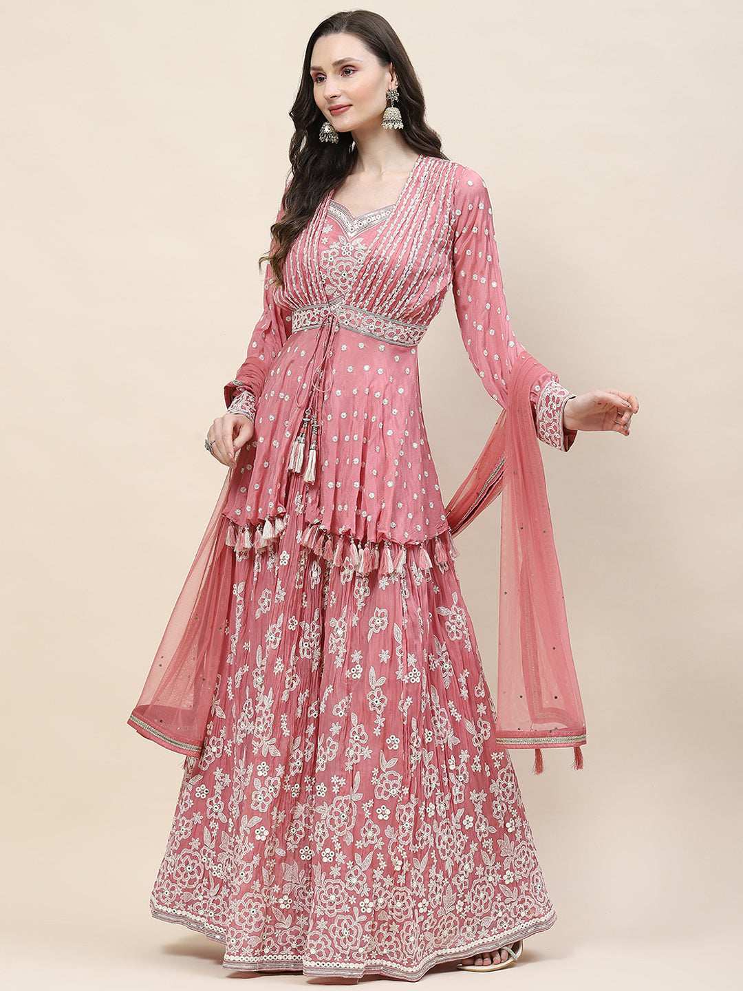 Resham Jaal Embroidery Crepe Choli  Jacket With Lehenga &amp; Dupatta