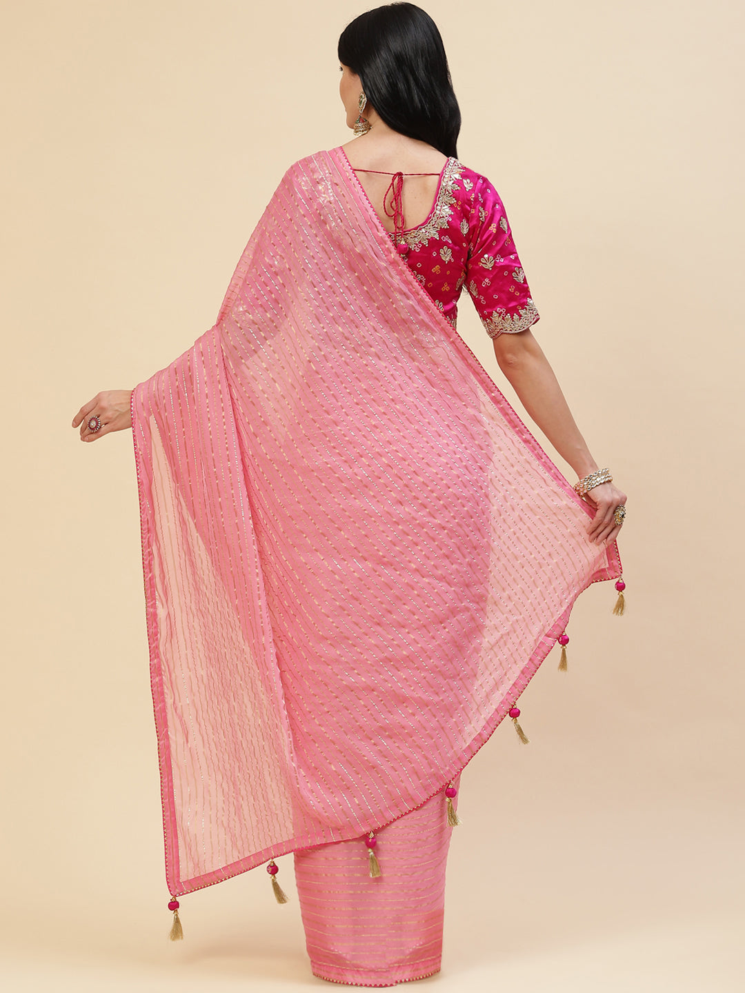 Stripes Embroidered Organza Saree