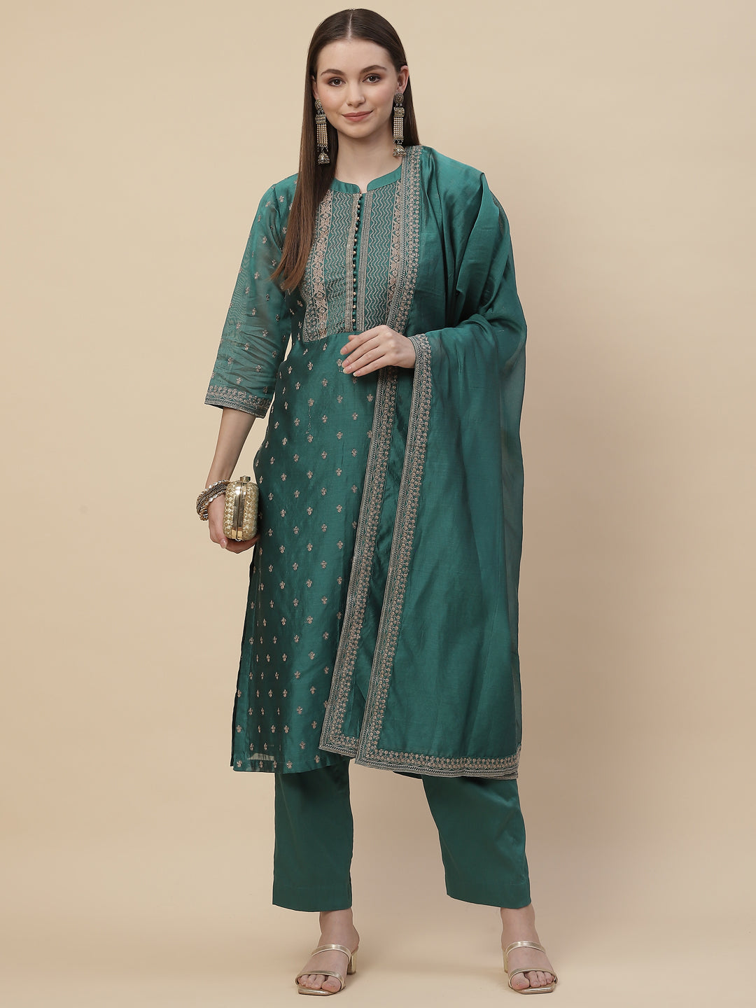 Resham Booti Cotton Kurta With Pants &amp; Dupatta