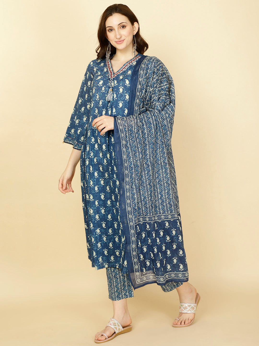 Paisley Printed Cotton Kurta With Pants &amp; Dupatta