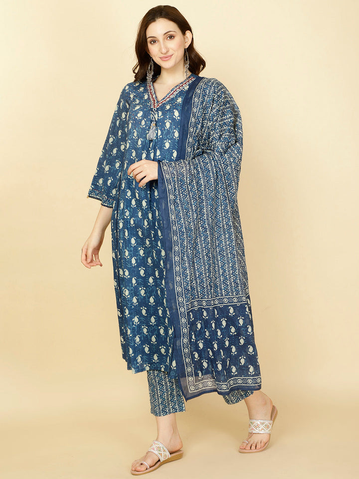 Paisley Printed Cotton Kurta With Pants &amp; Dupatta